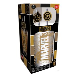 Marvel Glas Tumbler mit Trinkhalmen Logo & Avengers...